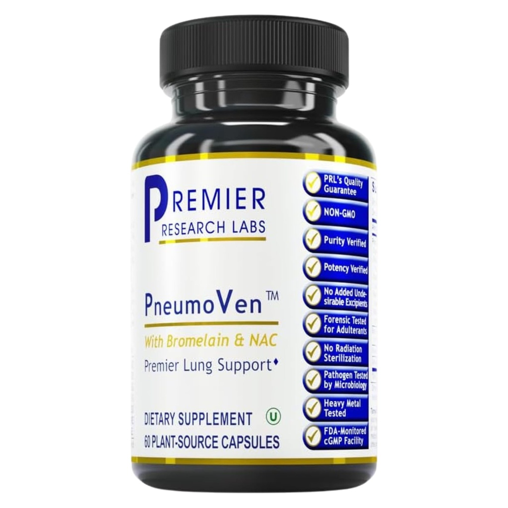 Premier Research Labs PneumoVen - Supplément de soutien pulmonaire avec/Bromelain et NAC, Vitamines de soutien de santé pulmonaire, nettoyage pulmonaire - 60 Capsules