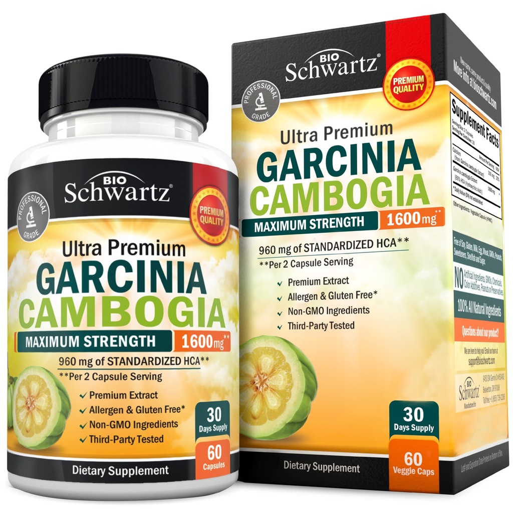Garcinia Cambogia pilules de perte de poids - Fort maximum Suppresseur d'appétit et brûleur de graisse pour les hommes et les femmes - 1600mg Extrait naturel et 960mg HCA - Métabolisme Booster et Capsules de blocage de glucides - 60Ct