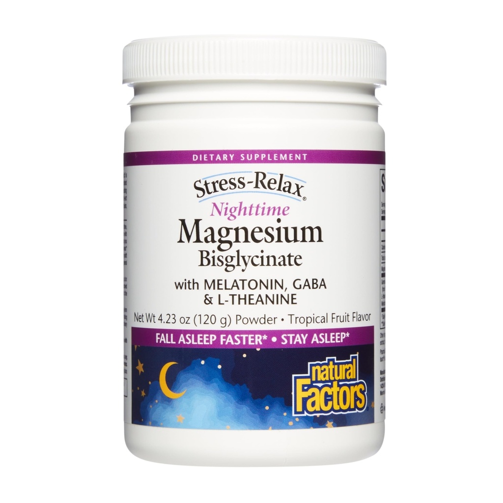 Natuurlijke factoren Stress-Relax Nighttime Magnesium Bisglycinaat - Ondersteunt Slaap & Relaxation* - met Melatonine, L-Theanine & GABA - Tropische Smaak - 4.23 oz