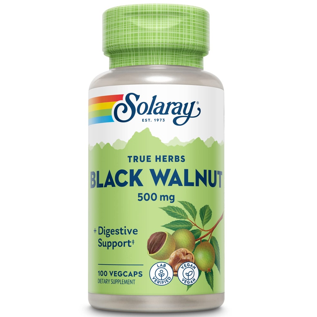 SOLARAY Black Walnut 500 mg - Whole Hull - Traditional Herbal Support Formula - Non-GMO Geverifieerd, Veganistisch, Lab Geverifieerd - 60-dagen garantie - 100 porties, 100 VegCaps
