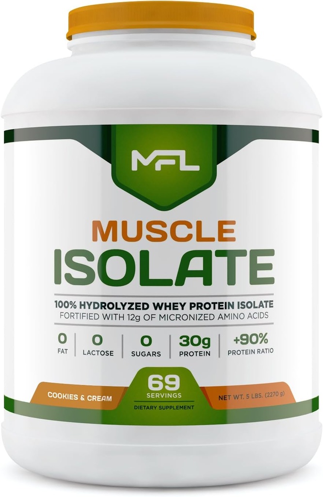 MFL 100% isolaateiwit l 30 g proteïne l 12 g aminozuren l Keto Vriendelijk l Low Carbs l 5 lbs. (Cookies & Cream)