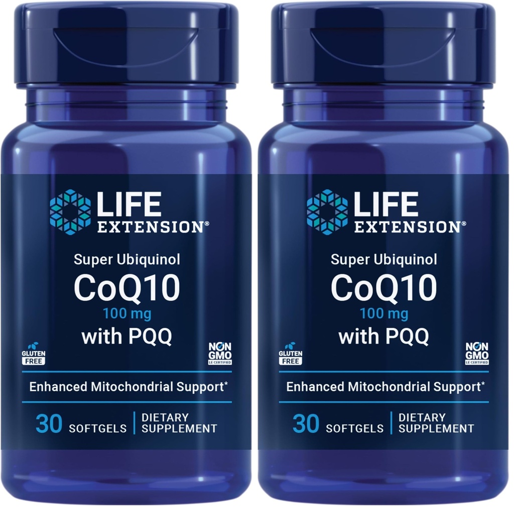 Life Extension Super Ubichinol CoQ10 met PQQ, CoQ10, PQQ, shilajit, Heart Health, Cellular Energy Support, 8X Better Absorptie, Glutenvrij, 100 mg, 30 softgels (pakket van 2)