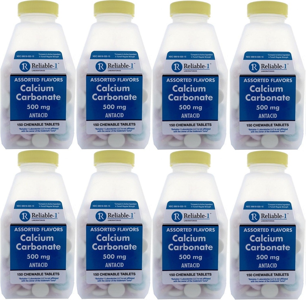 Calcium 500 mg Generic for Tums Assorted Fruit Smaak Kauwtabletten Regelmatige sterkte Antacida voor zuur Indigestie, Heartburn, Zure Maag 150 Kauwtabletten per fles Verpakking van 8