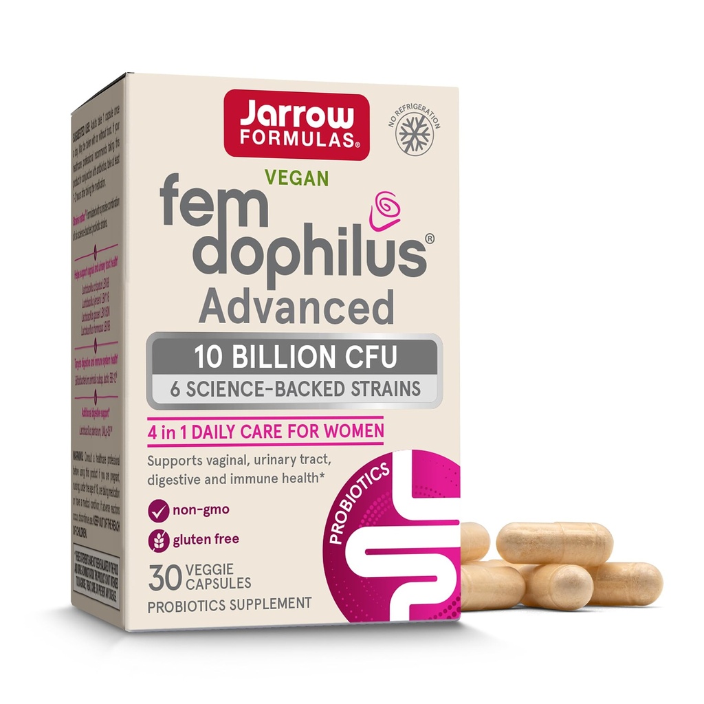 Jarrow Formulas Fem-Dophilus Advanced Vaginale & Digestieve Probiotica 10 Miljard CFU met 6 wetenschappelijke backed strains, voor vaginale, urinetrek, Digestieve & Immune Support, 30 capsules, Houdbaarheid