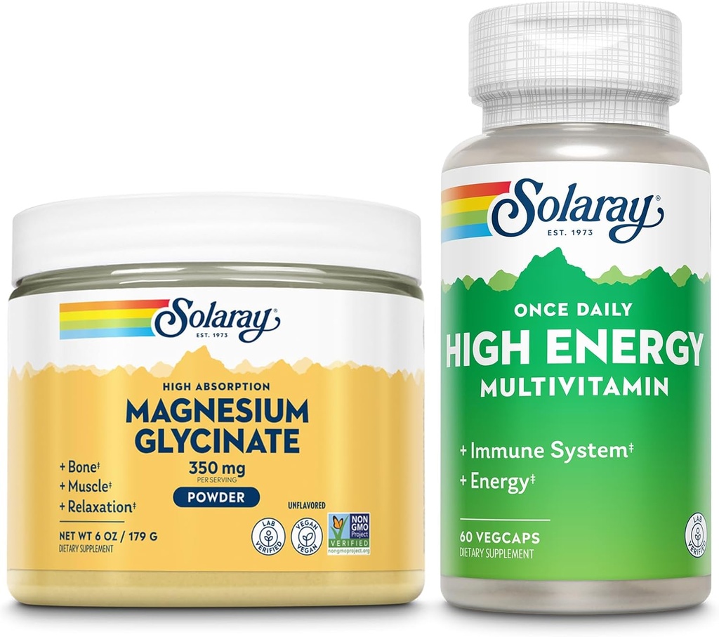SOLARAY Magnesium Glycinate Powder 350mg en High Energy Multivitamine Bundle - Chelated Magnesium en Once Daily Multi - Bone Health, Muscle, Heart and Immune Support, 60-Day Garantie, 6oz/60ct
