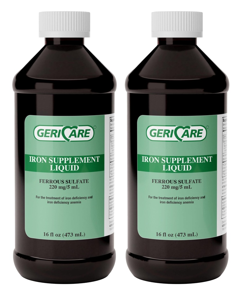GeriCare 220 supplément de fer liquide à haute puissance de fer pour adultes pour l'anémie et le déficit en fer de 220mg de fer par dose de 5mL. (paquet de 2)