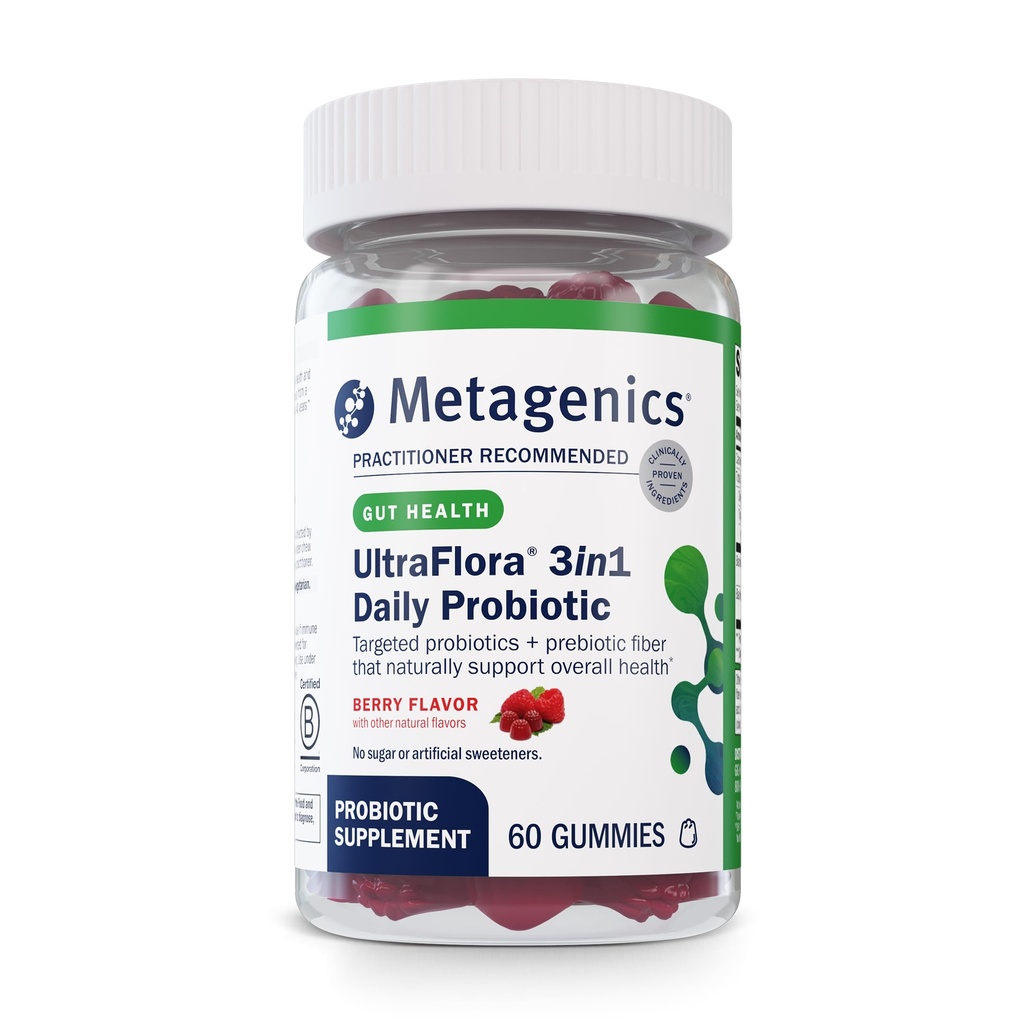 Metagenics UltraFlore 3 in 1 Dagelijkse Probiotische en Postbiotische Gummies - Houdbaarheid voor volwassenen en kinderen - Ondersteunt Gut Health, Healthy Gut Flora & Immune Support* - 60 Gummies