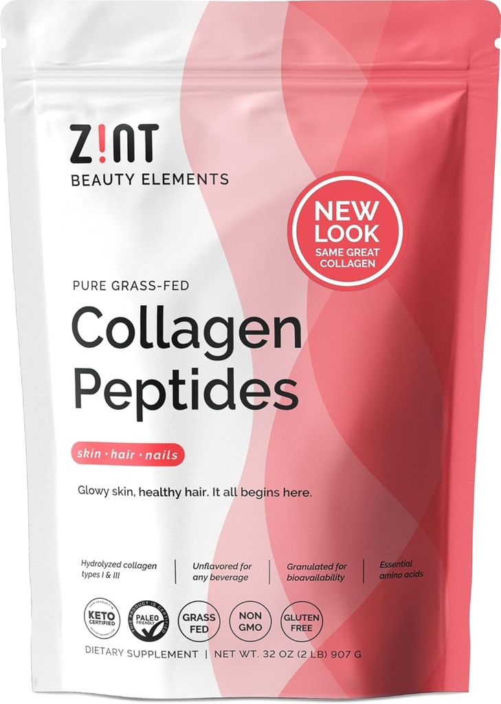 Zint Collageen Peptides Powder (32 oz): Paleo-Friendly, Keto-Certified, Grass-Fed Hydrolyzed Collageen Protein Supplement - Unflavored, Non GMO
