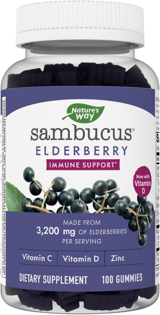 Nature's Way Sambucus Vlierbes Gummies - Immune Support Supplement for Kids & Adults* - With Vitamins C, D3, Zink & Antioxidant Support* - Gluten Free & Vegetarian - 100 Gummies