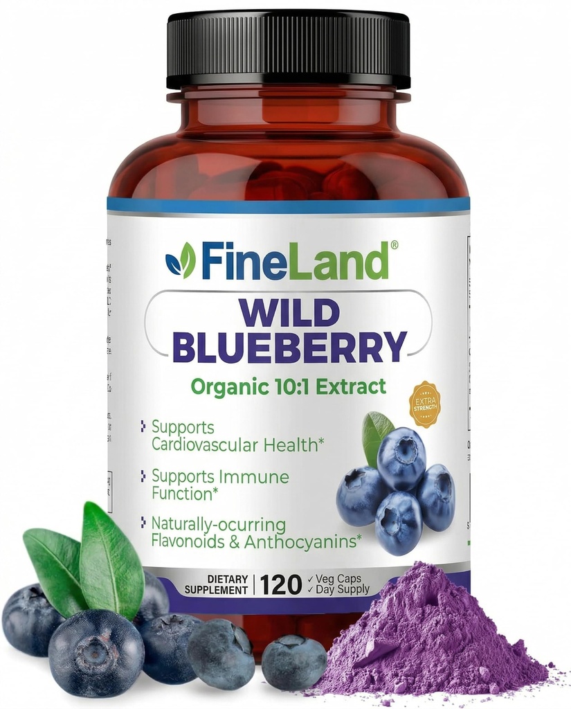 FineLand Wild Blueberry 10:1 Extrait, 6 000 mg de force, 120 capsules végétales, riches en flavonoïdes et anthocyanes, antioxydants pour la santé du cerveau et du coeur, 4 mois d'approvisionnement, non-OGM fabriqués aux États-Unis