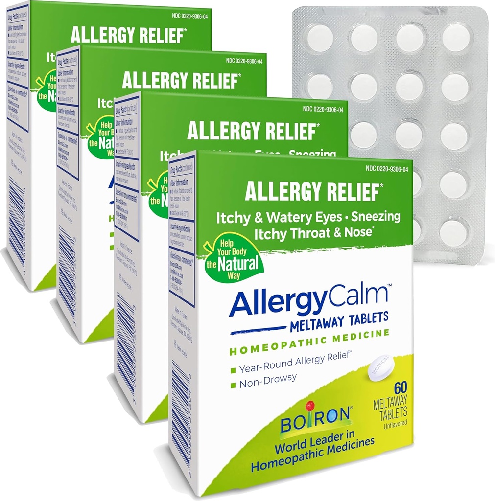 Boiron AllergieCalm Tablets 240 Tellen, Verlossing van Allergieën en Hay Koorts Symptomen van niezen, Runny Neus, Itchy Eyes, Keel, Allergie Kalm Tabs (Voorheen RhinAllergie) (Pack van 4 60ct dozen)