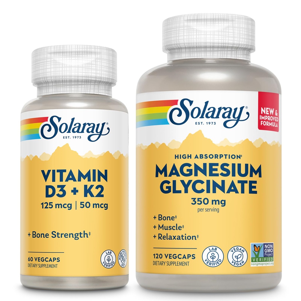 SOLARAY Vitamine D3 K2 en Magnesium Glycinate - Bone Health Bundle - Calcium Absorptie, Zenuw, Hart en Immuun Ondersteuning met 5000 IE Vitamine D, 350mg Gecheleerd Magnesium, 60 dagen Garantie, 60ct/120ct