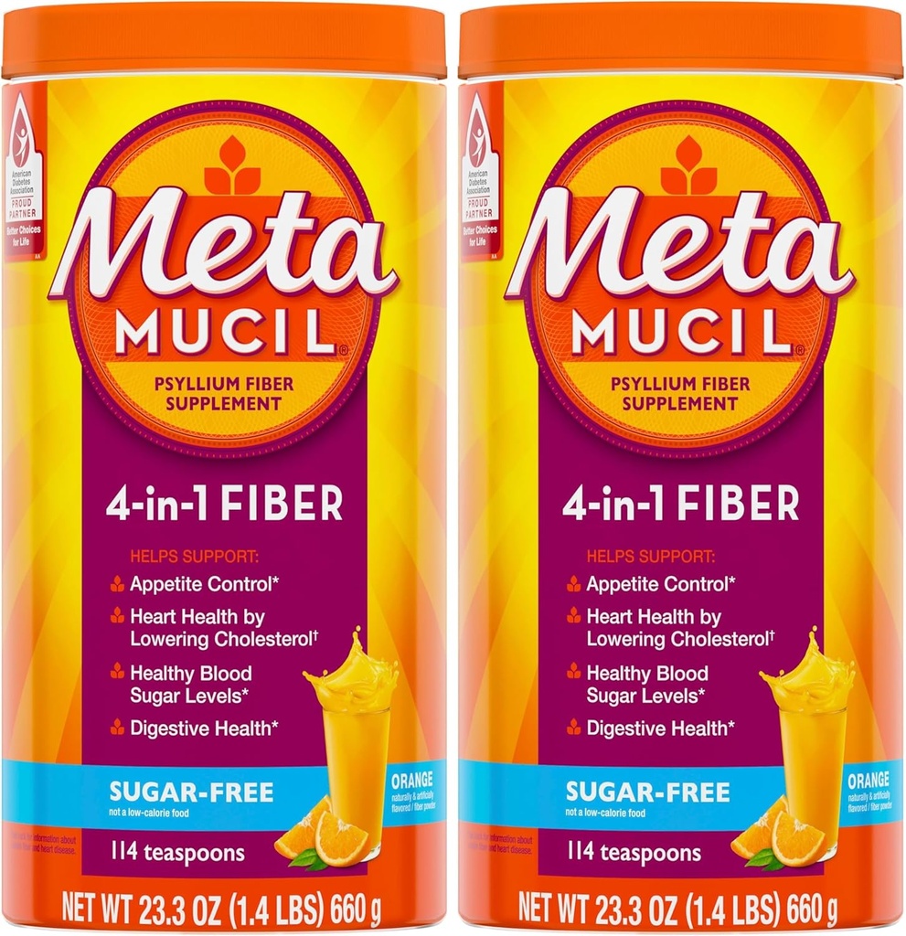 Métamucil, supplément quotidien en poudre de psyllium musc, poudre sans sucre, fibre de 4-en-1 pour la santé digestive, boisson aromatisée orange, 114 cuillères à café, 1,4 livre (paquet de 2)