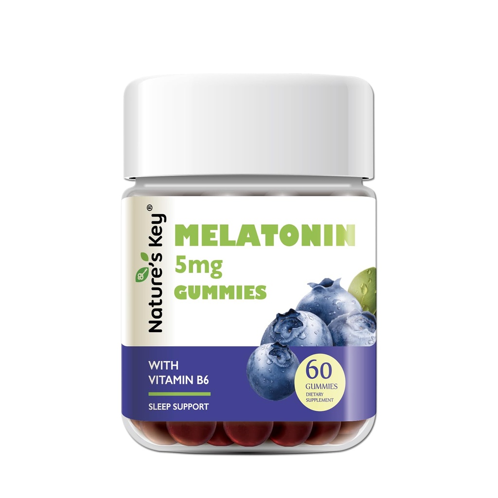 Nature's Key Melatonine Gummies for Kids & Adults, 5mg Dose Gummy with Vitamin B6, Non-GMO,Gluten-Free-Natural Blueberry Flavor 60 Tellen