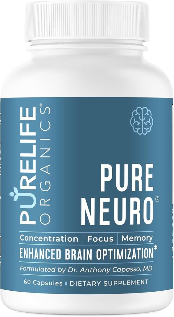 PureLife Organics Pure Neuro - Supplement for Elimining Brain Fog, Memory Support & Focus Enhancement - 30 Day Supply - 60 Vegan & Glutenvrije Capsules - Doctor Formated for Brain Health Support