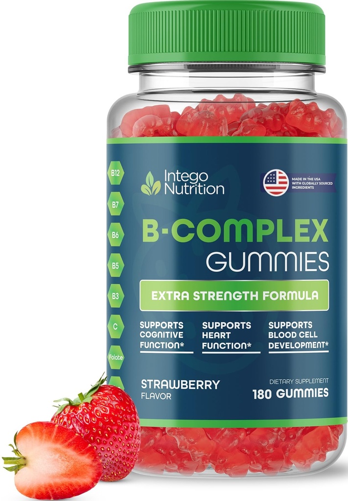 Gommies complexes de vitamine B pour les adultes, Supplément complexe de vitamine B pour les femmes et les hommes, Gommies complexes de vitamine B pour l'énergie et la santé du cerveau, arômes naturels de fraises, 180 Comte