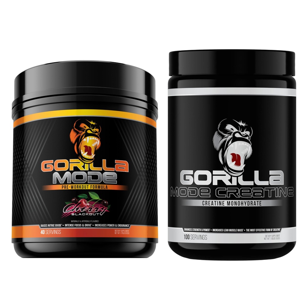 Gorilla Mind Pre Workout (Cherry) + Creatine (100 Serv.) - Uitgebreide Stack voor verbeterde sterkte, vermogen output en spiergrootte