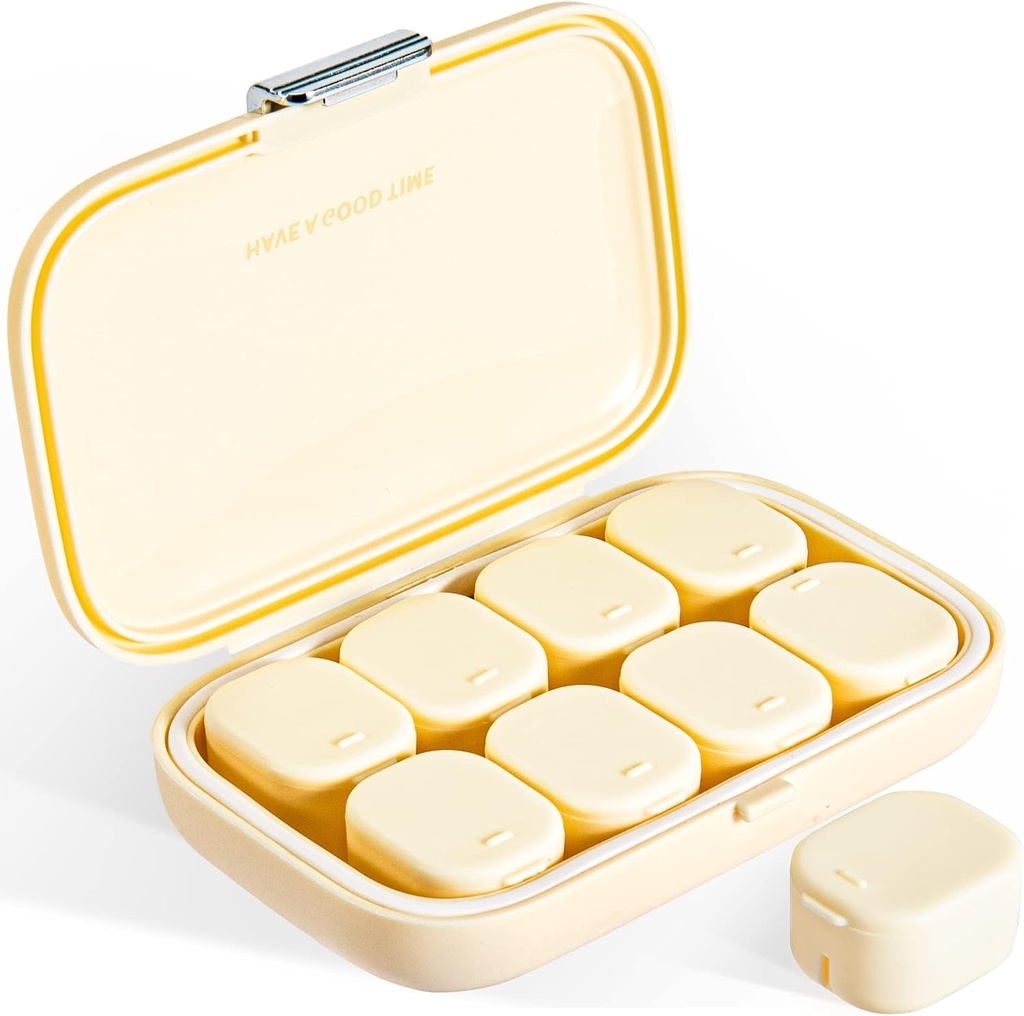 Dagelijkse pil Organisator, 8 Compartments Portable Pill Case, Vocht-Proof Pill Case, Pill Dispensers, Travel Pill Container, om vitamines te houden Pillen Cod Lever Olie Regelmatige tabletten (Cream White)