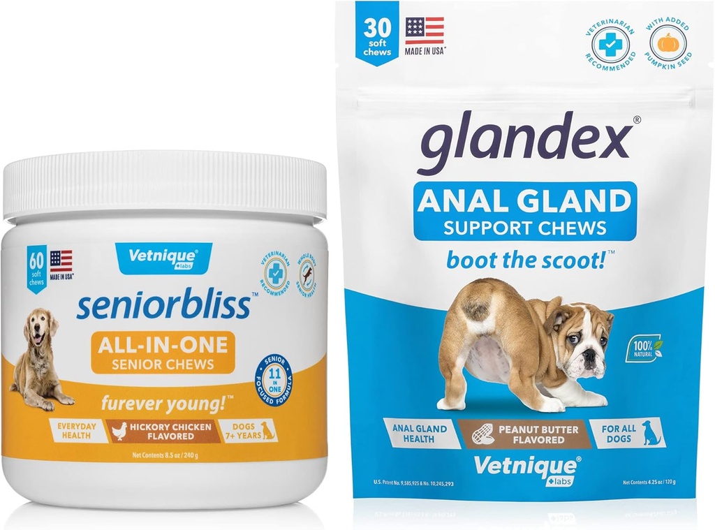 VETNIQUE Seniorbliss All-in-One Multivitamine Kauwen voor senior honden (60ct) & Glandex Anal Gland Support Pindakaas Zachte Kauwen voor honden (30ct) Bundel