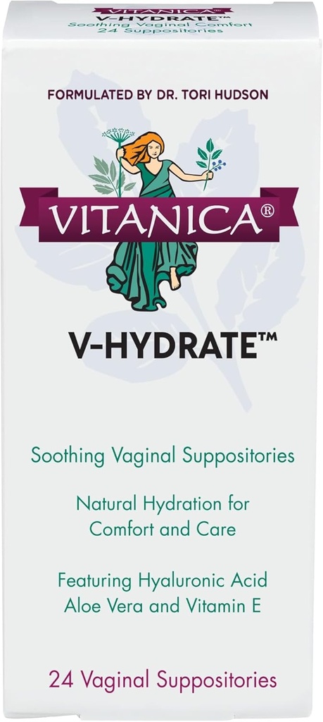 Vitanica V-Hydrate, Hyaluronzuur Vaginale Supposititories voor Comfort en Vaginale Hydratatie met Aloë Vera en Vitamine E, Hormone-Free & Drug-Free, Veganist, 2 maand supply, 24 Tel.