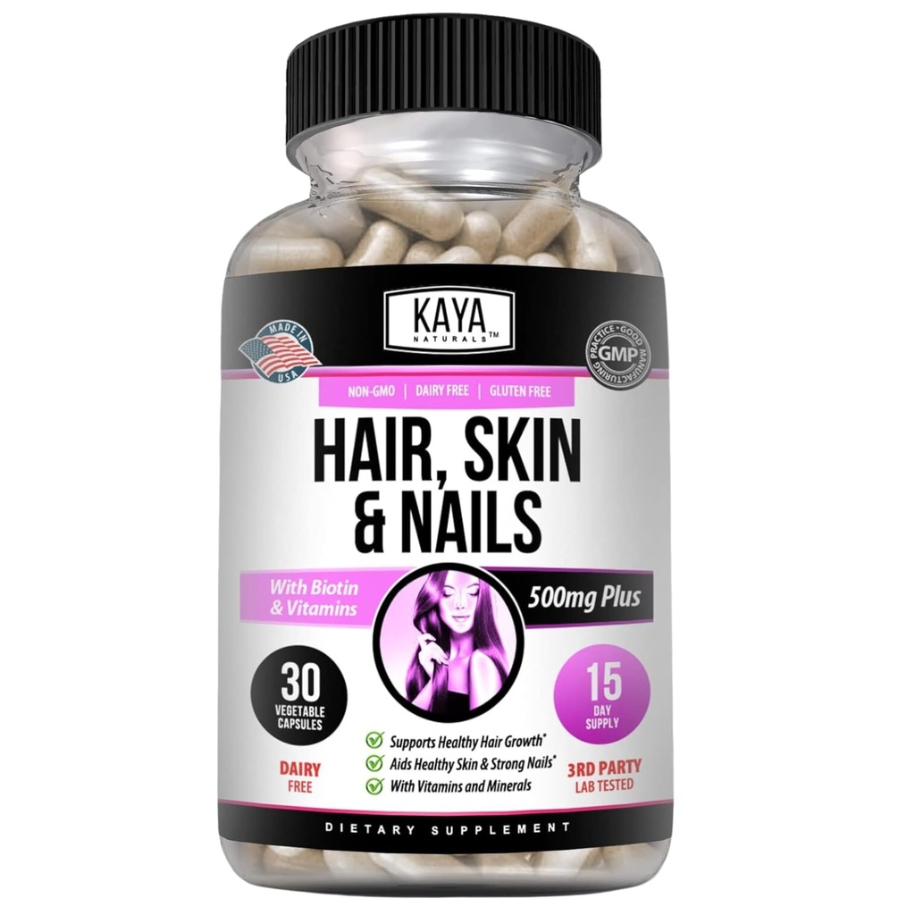 Kaya Naturals Hair Skin Nail Capsules met Biotine - Haar- en huidvitaminen, Vitamine D Vitamine B-12 Een foliumzuur ondersteuning, Haar ondersteuning Vitamine Supplement voor haar huid Nagels- 30 Count Capsules