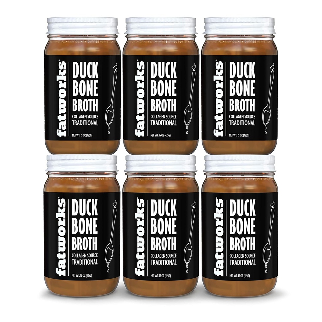 Fatworks Gourmet Cage-Free Duck Bone Broth, traditionele smaak, Keto, Paleo, Collagen Rich, Conservatieve Gratis, 6 pak van 15 oz. Potten