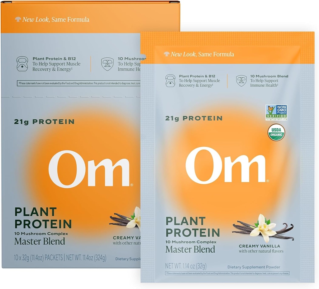 Om Master Blend Vegan Protein Powder, Vanille, 21g Plant Protein - Biologische Paddestoel Supplement met 10 Paddestoel Complex, Ashwagandha, BCAA's en Vitamine B12 - Single Serve (10 Tel.)