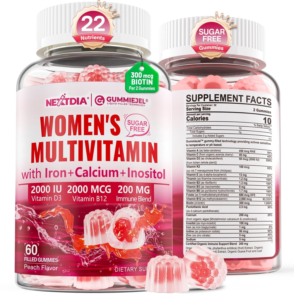 Methylated Multivitamine for Women Gummies, Calcium, D3 K2, Methylfolaat & B12, Inositol, Daily Vitamin A, C, E, B Complex, Biotin, Iron - Energy, Immune, Bone, Skin, Hair - Vegan, Sugar Free, 60 Count