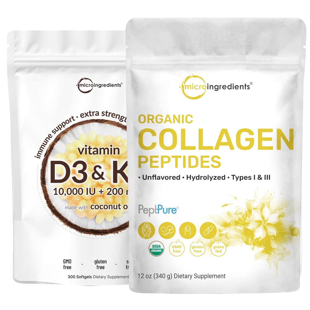 Micro Ingrediënten Vitamine D3 10000 ie + K2 200 mcg Kokosolie Softgels & Organic Collageen Peptides Powder Bundle 2 Pack 