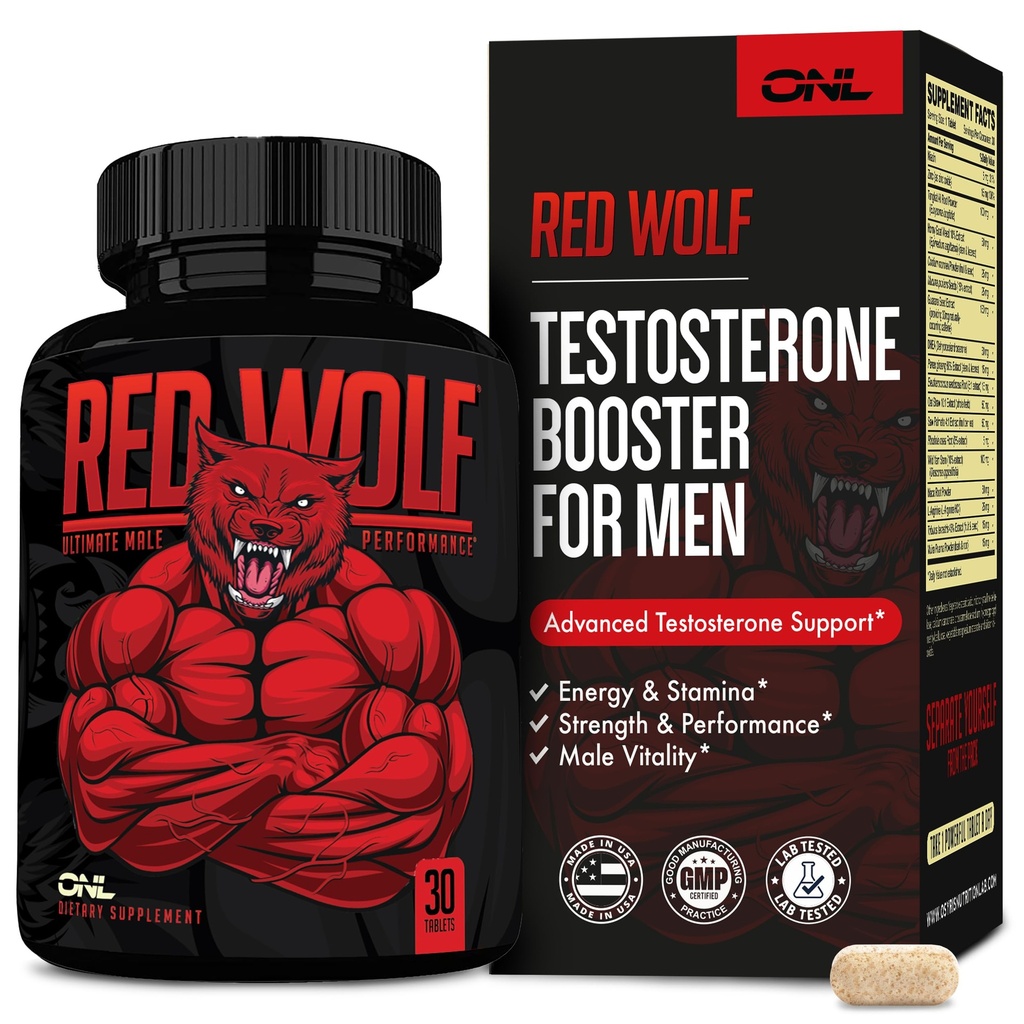 ONL Red Wolf Testosteron Booster voor mannen - Ultieme Mannen Supplement voor hoge potentie endurance, energie en kracht - Testosteron Supplement voor mannen - w/Tongkat Ali Male Enhancement - 30 Ct