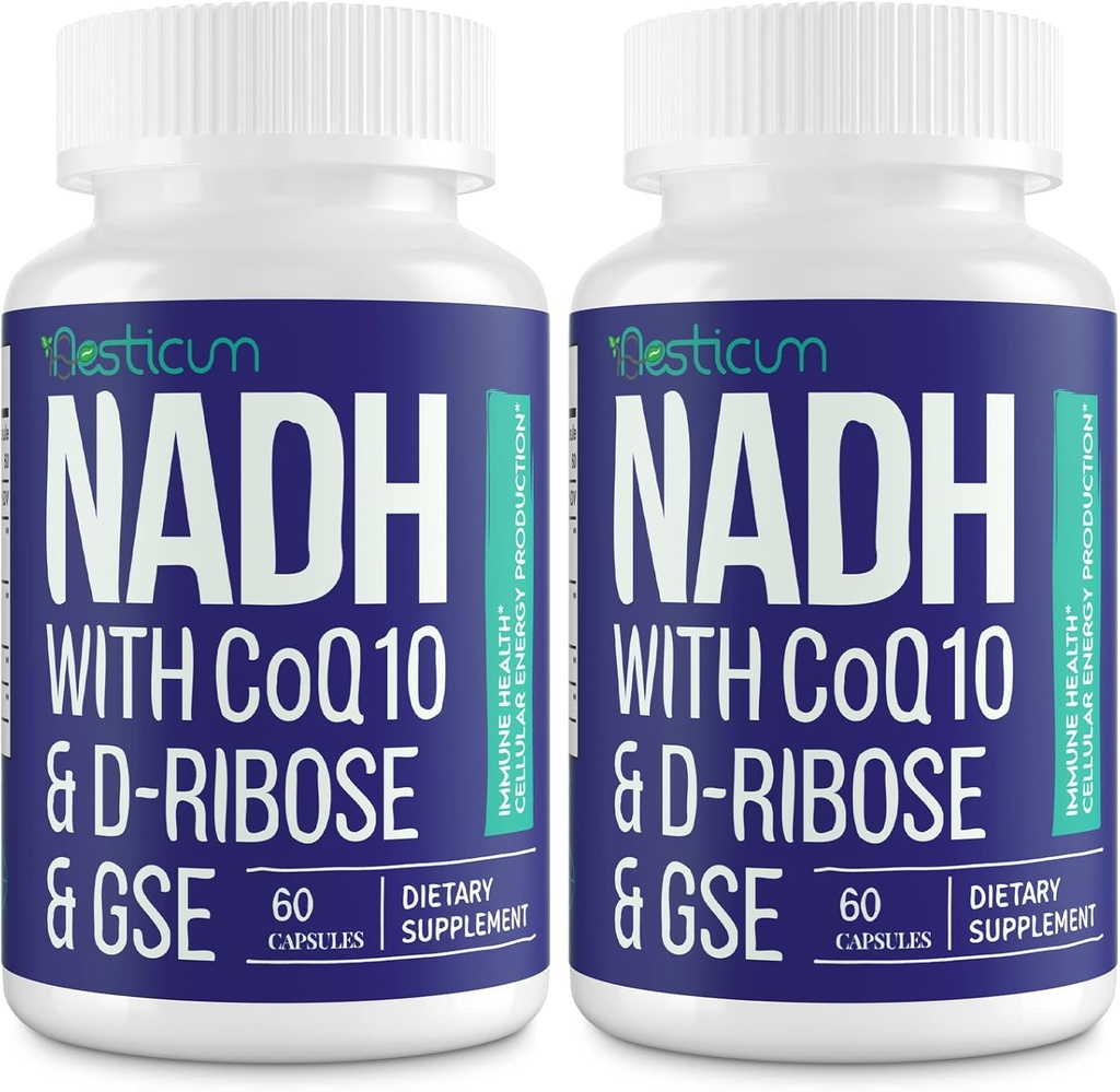 NADH 50mg + CoQ10 200mg + D-Ribose 150mg Supplement, Boosting NAD+ Supplementen voor Immuunsysteem, Cellular Energy, Focus, Verminderd Nicotinamide Adenine Dinucleotide, 120 Veggie Capsules
