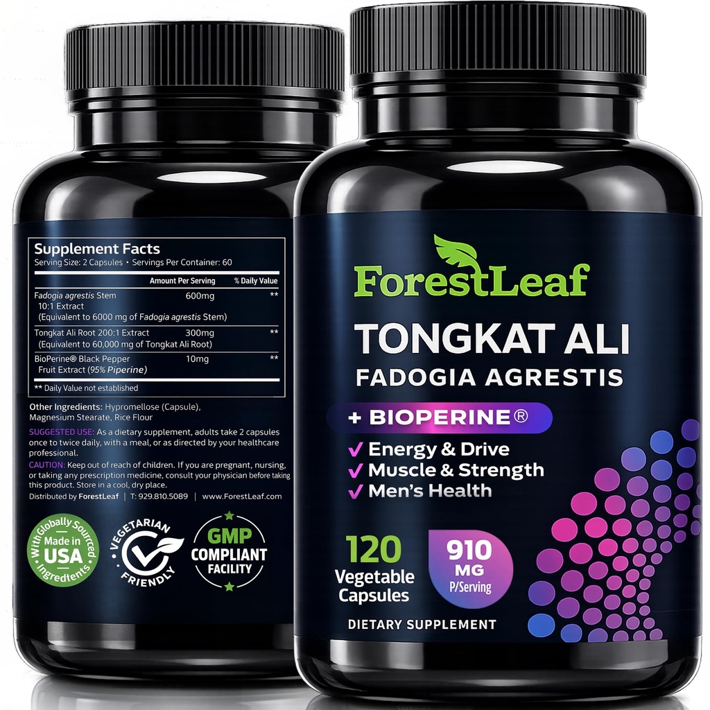 Tongkat Ali en Fadogia Agrestis voor mannen Supplement w/BioPerine - Tonkat-Ali Max Sterkte 200:1 Extract - Lange Jack Tongkat-ali voor mannen - Spiergroei, prestaties en energie - 120 poedercapsules