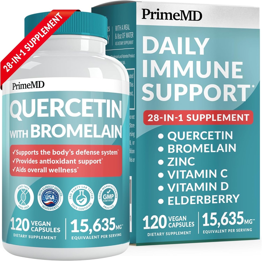 28-in-1 quercetine met bromelainesupplement voor dagelijkse Immune Defense Support - quercetine met vitamine C en zink voor volwassenen verrijkt met vitamine D en vlierbessen (120ct)