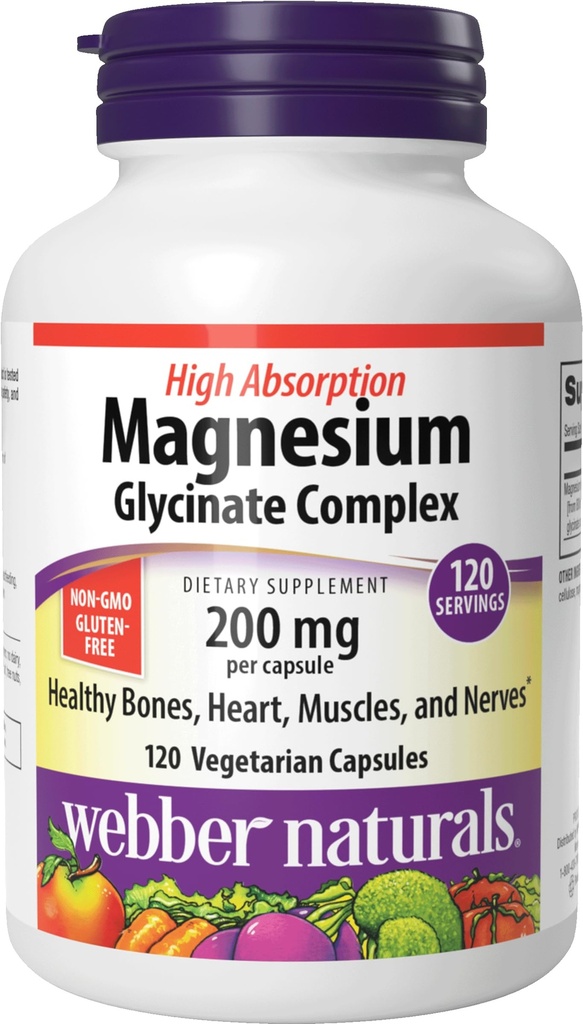 Webber Naturals Complexe de glycinate de magnésium 200 mg, 120 capsules végétariennes, formule d'absorption élevée, soutient les os, le cœur, les muscles et les nerfs, un par jour, végétalien, nouvelle étiquette!