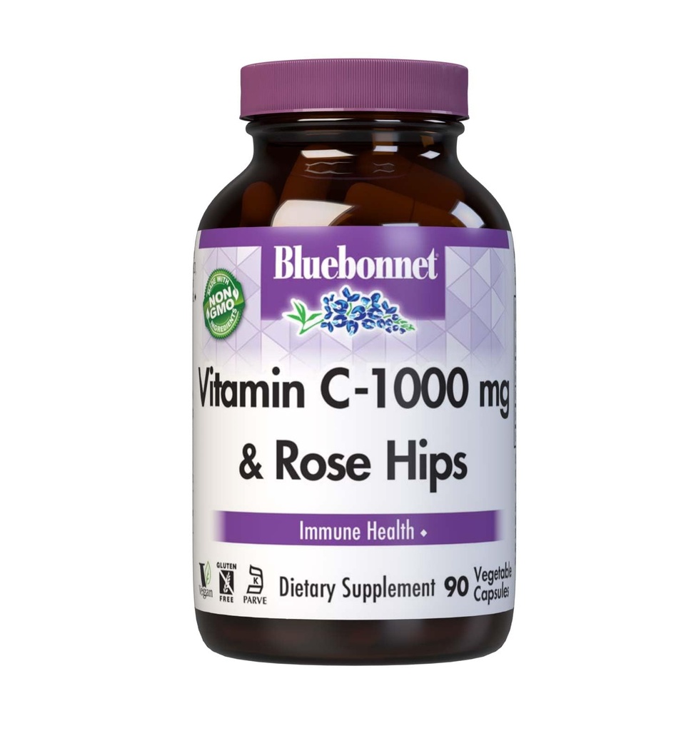 Bluebonnet Nutrition Vitamin C-1000 mg Plus Rose HIPS Plantaardige Capules, voor Immune Health, voor Antioxidant Protection, Sojavrij, Glutenvrij, Niet-GMO, Kosher, Zuivelvrij, Veganistisch, 90 Tel.
