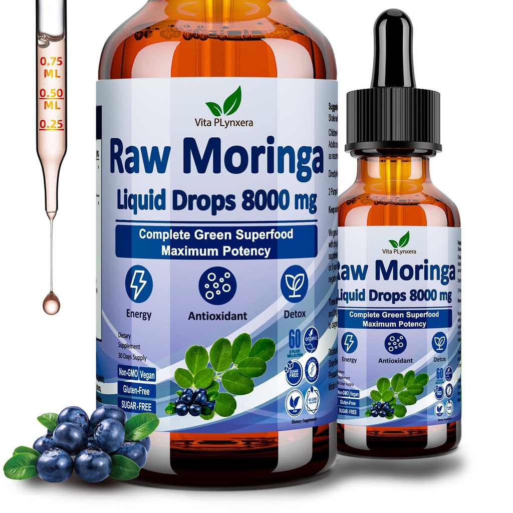Moringa cru gouttes liquides 8000 mg, Moringa biologique Oleifera Extrait de feuille w. Supergreens Mélange de graminées de blé, Orge pour l'antioxydant, énergie et immunitaire, haute puissance que capsules poudre