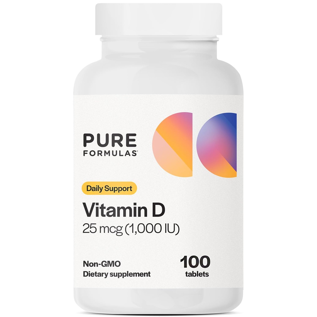 PureFormulas Vitamine D3 1.000 IE 25 mcg - Premium Vitamine D Supplement voor gezonde botvorming, tanden, cardiovasculaire gezondheid en immuunondersteuning Non-GMO - 100 Teltabletten