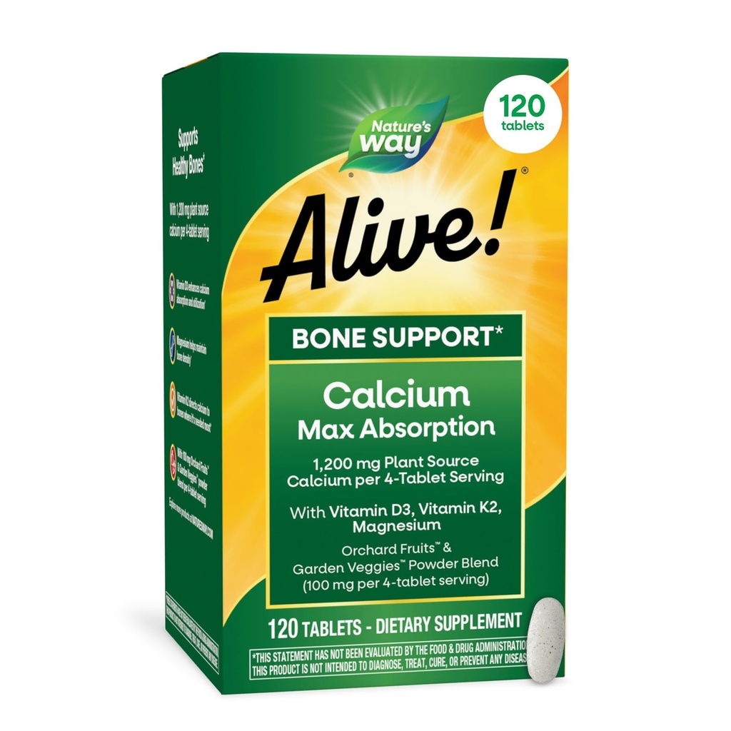 Nature's Way Alive! Calcium Max Absorptie, Bone Support*, Plant Bron Calcium, Vitamine D3 & K2, Magnesium, 120 Tabletten (Verpakking mei Vary)