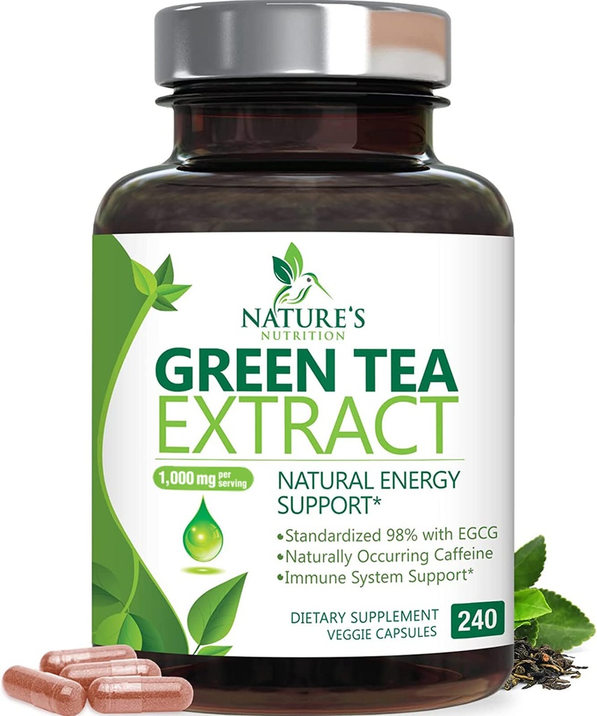 Groene thee Extract Capsules 1000mg 98% Gestandaardiseerde EGCG - 3X Sterkte voor natuurlijke energie - Hartondersteuning met polyfenolen - Zachte cafeïne - 240 capsules