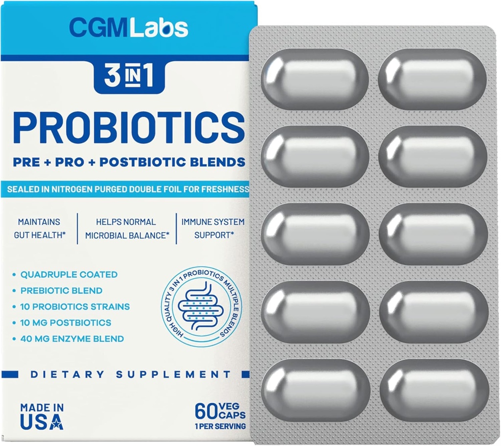 Probiotica 3 in 1 - Prebiotica + Probiotica + Postbiotica Alles in één! Stikstof gepureerd, individueel verpakt in Double-foil Blister voor versheid - 60 Veg caps door CGM Labs