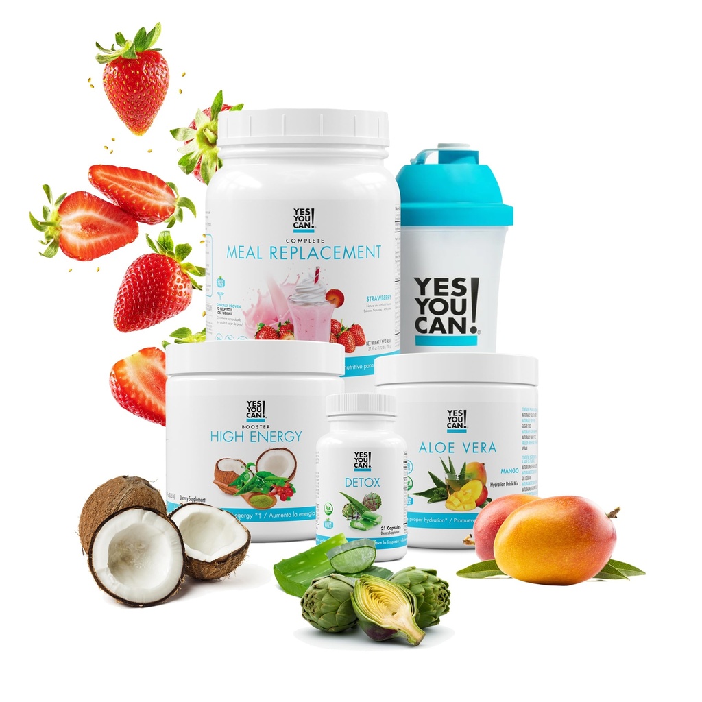 Yes You Can! Detox Plus Kit, Dagelijkse reiniging Pure Fiber Maaltijd Vervanging, Drink Mix, Shake Booster en Supplement, Body Cleanse Kit voor vrouwen, Dagelijkse systeemreiniging - Aardbei, Aloë Vera Mango