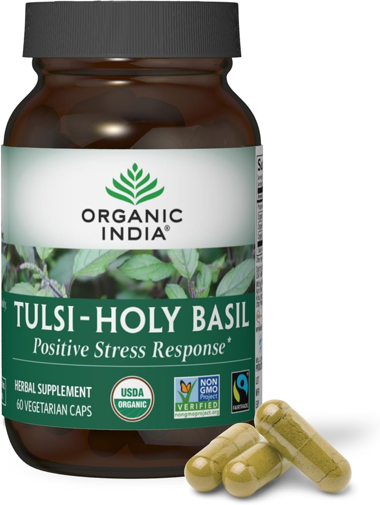 ORGANISCHE INDIA Tulsi Holy Basil Capsules - Holy Basil Extract - Holy Basil Leaf Supplement, Herbal Supplement, Immune Support, Stress Relief, Veganistisch, Glutenvrij, Kosher, Biologische, Non-GMO - 60 Capsules