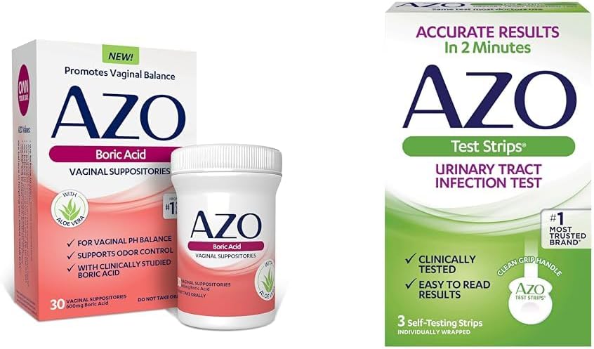 AZO Boric Acid Vaginale Suppositorieën helpt ondersteuning Odor controle en balans Vaginale PH, 30 Tel urinetrekinfectie (UTI) Test Strips, Nauwkeurige resultaten in 2 minuten, 3 Tellen