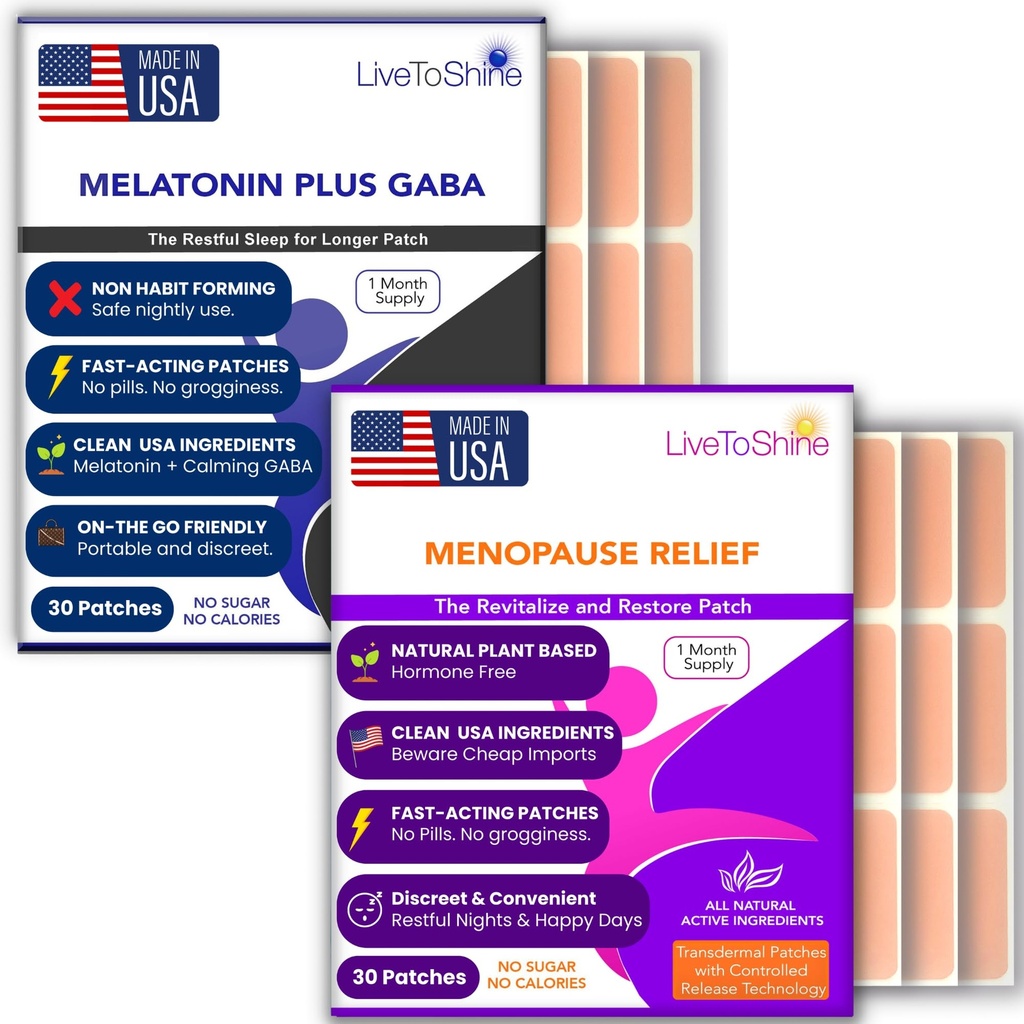 Menopauze Relief en Melatonine Slaap Patch Bundle - 2 Packs - Hot Flashes, Night Sweats, Mood Swings Relief Plus Rustige Slaap Patches - 30 Day Supply Per Pack (60 Patches) - Verenigde Staten Gemaakt door Live To Shine