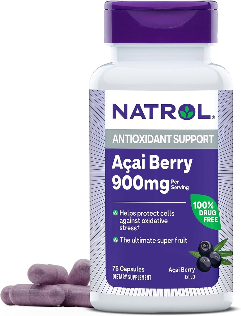 Natrol Acai Berry 900 mg per portie, dieetsupplement voor antioxidant ondersteuning, 75 capsules, 37 dagen levering
