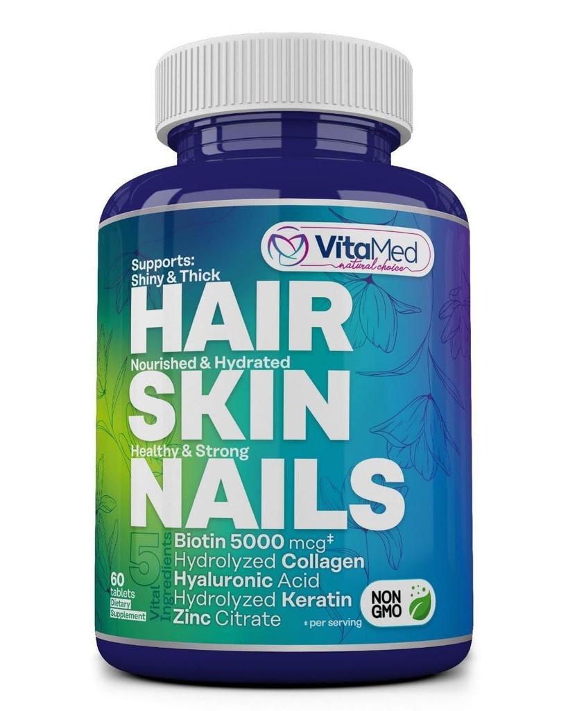VitaMed Cheveux, peau et ongles – Biotine 5000 mcg, collagène, OptiMSM, kératine, acide hyaluronique et silice soutient la croissance des cheveux, peau radiante, ongles forts.