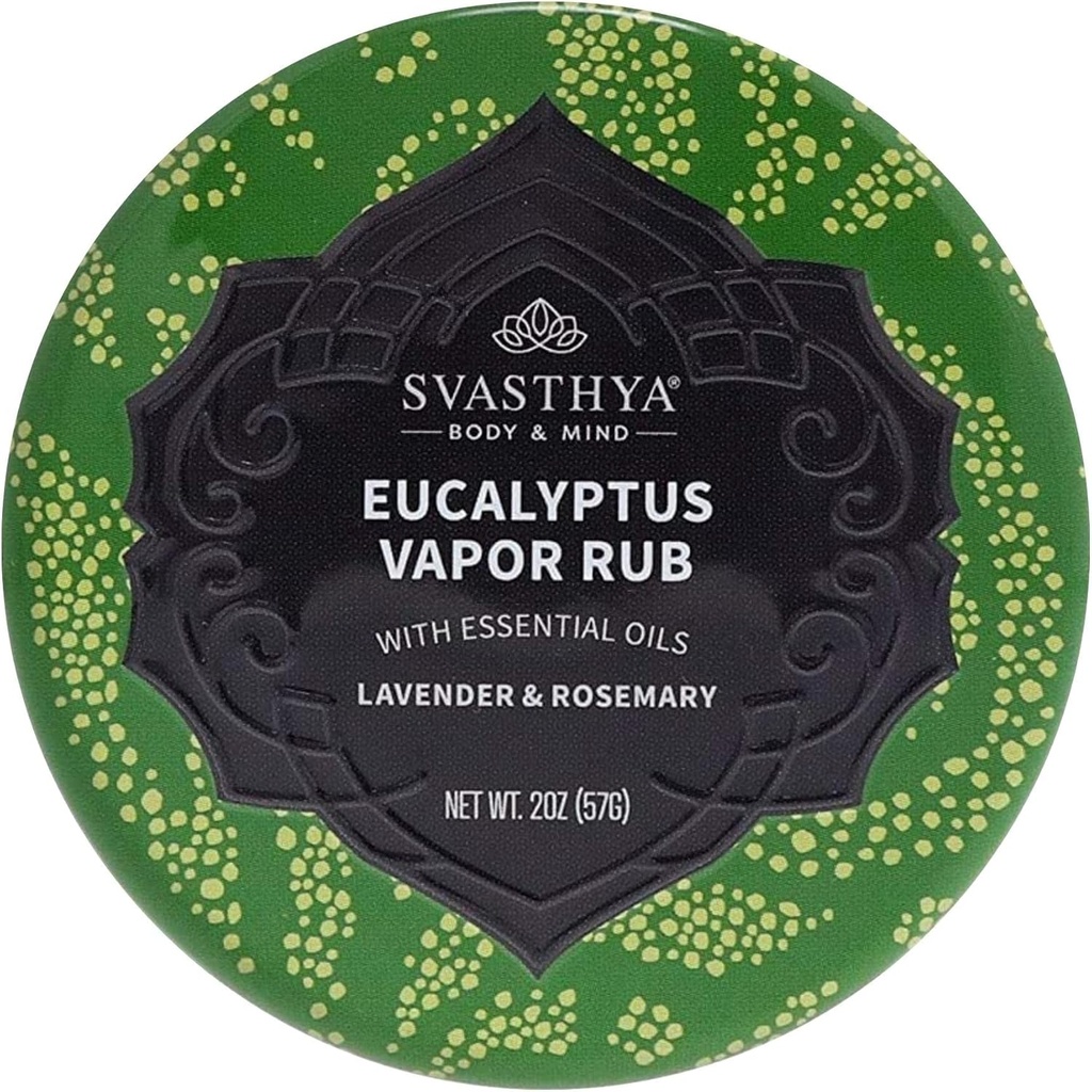 Svasthya Body & Mind Eucalyptus Vapor Rub - Opens Neuspassages & Moisturizes The Skin, Cough, Stuffy Nose & Congestie Relief, Olive Oil, Beeswax, Lavender, Rosemary - Made in The USA, 2oz