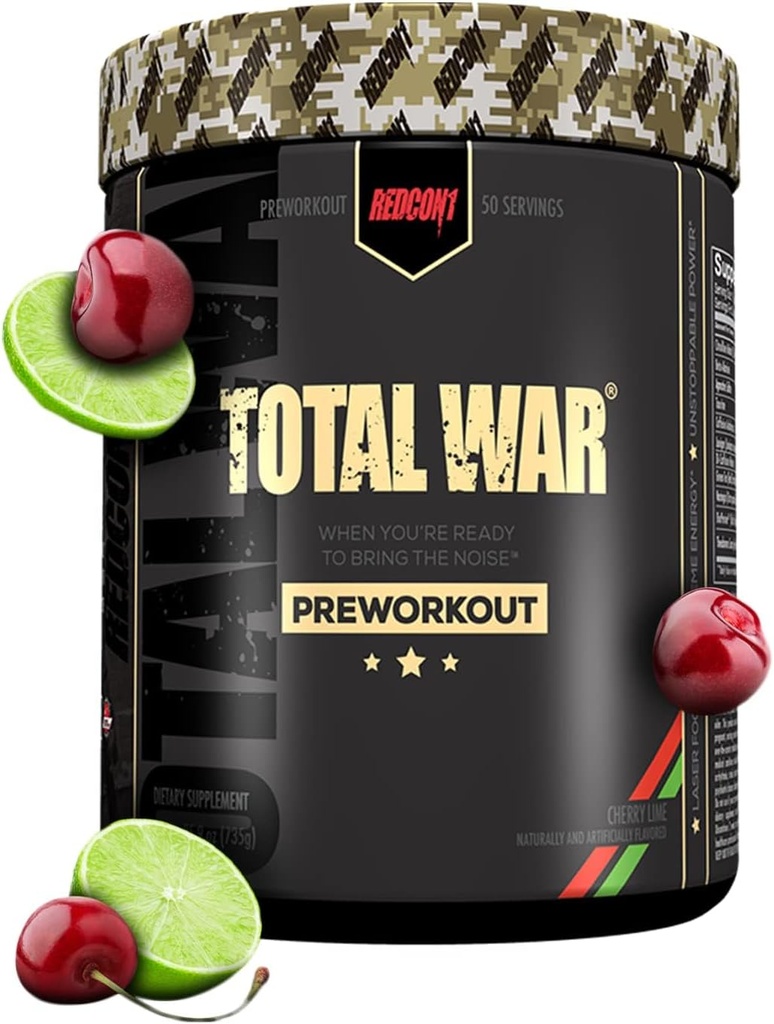 REDCON1 Préentraînement de guerre totale, chaux de cerise - Beta Alanine + Citrulline Malate Vegan & Keto Friendly Préentraînement pour les hommes et les femmes avec 320mg de caféine (50 portions)