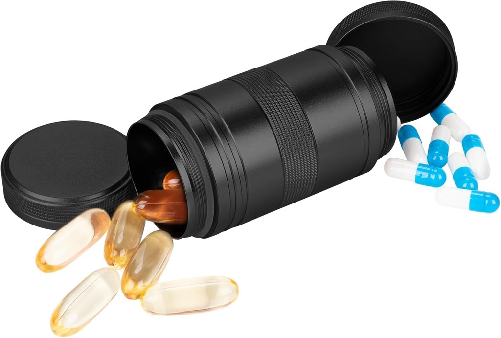 Metal Pill Box 2 fois par jour - Portable Waterproof Small Pill Case (AM PM), Travel Daily Pill Container, Compact Pill Holder Medicine Organizer for Pills/Vitamine/Pish Oil/Supplements, Noir
