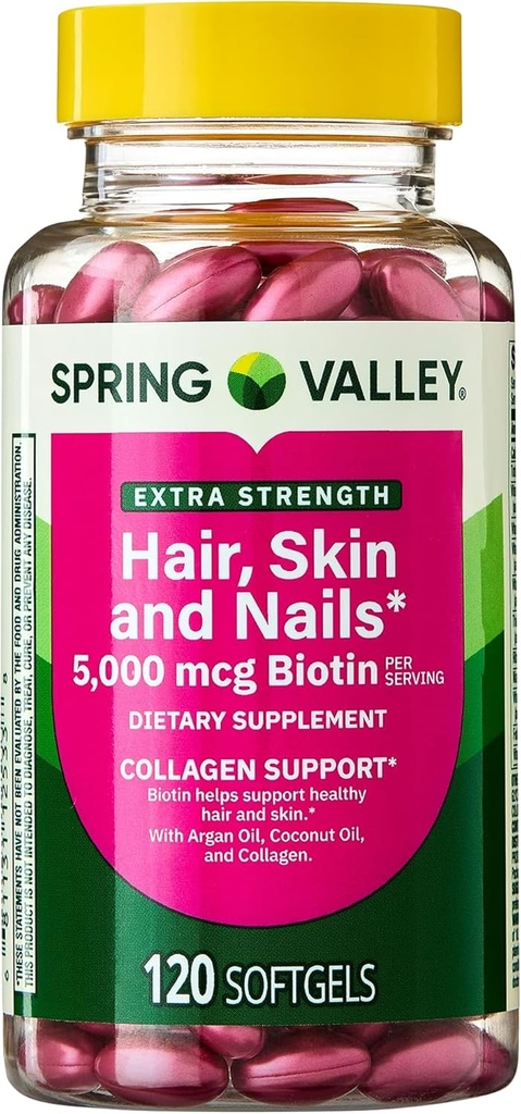Spring Valley Extra sterkte Haar, Huid, & Nagels Collagen Ondersteuning Softgels, 5000 mcg Biotine, 120 Telling, Biotine voor haar Nagel huid ondersteuning, Vitaminen voor vrouwen